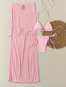 Conjunto de bikini con tapa de unicolor con decoración de estrella de mar y espalda descubierta sexy para mujer - Rosa - Ver 2