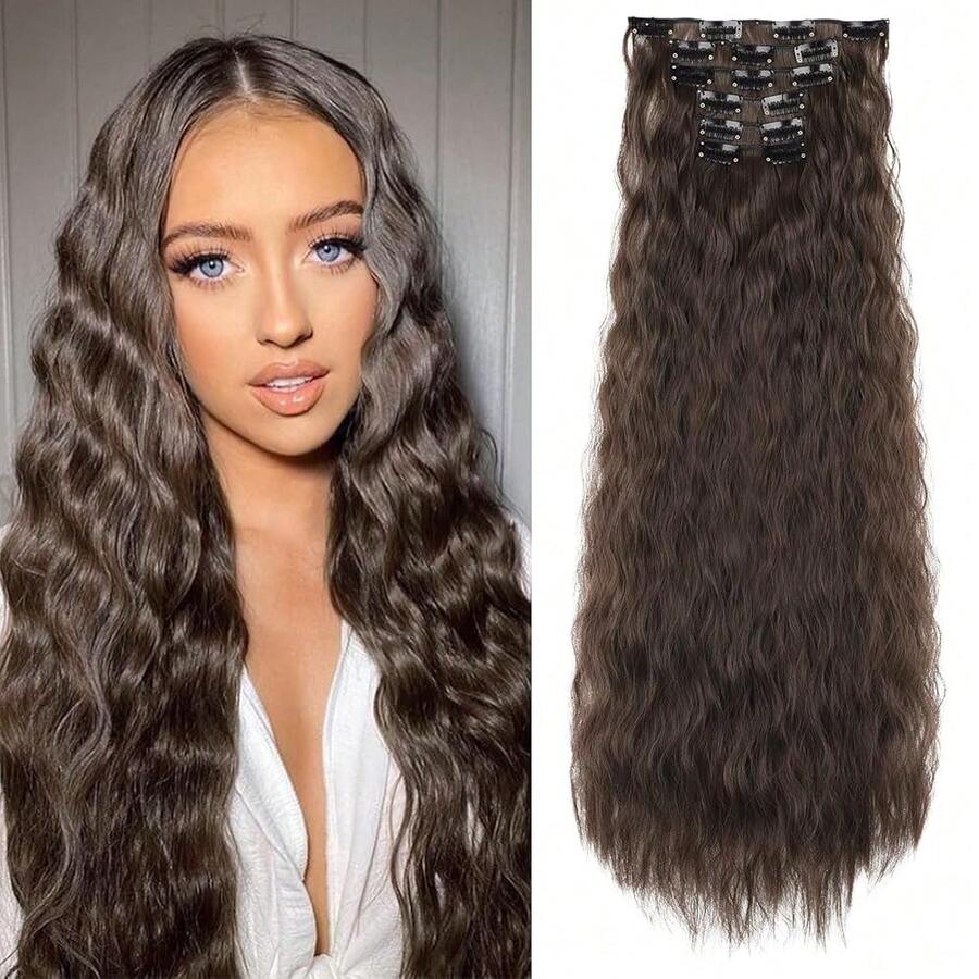 Clip In Hair Extensions,6PCS Hair Extensions Long Mermaid Waves Wavy Synthetic Clip On Hairpiece For Women 24 Inch (Dark Chocolate Brown),DarkChocolateBrown - DarkChocolateBrown - View 1
