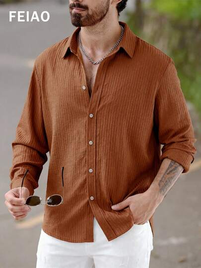 Men's Vintage Coin Pattern Classic Striped Collar Button-Down Shirt, Elegant Men's Shirt, Versatile Casual Item Suitable For All Seasons