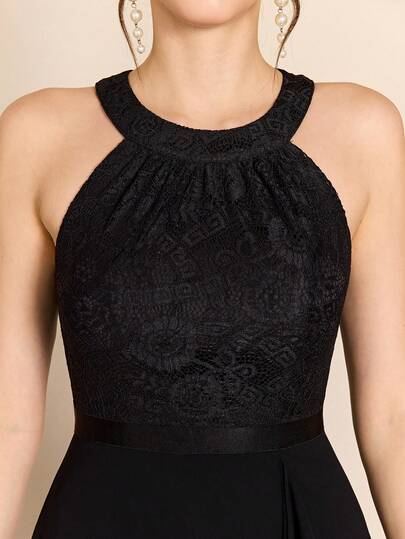 Vestido de dama de honor de cuello redondo, encaje de contraste, clásico, con volantes, corto por delante y largo por detrás, de gasa, vestido largo, para invitados de boda