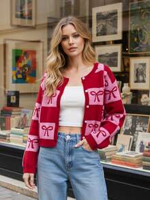 Women Valentine Cardigan Heart/Bow Crewneck Long Sleeve Button-Up Knitted Sweater For Winter Fall Spring - Red - View 3