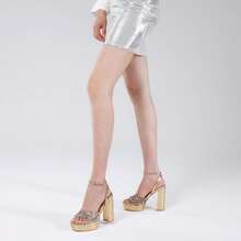 Elisabet Tang 4IN Rhinstone Square Toe Platform Strappy Chunky Block Dressy Heeled Sandals Sparkly Lizard Pattern Leather Heels For Evening PromChristmas - 紫色 - 查看 4