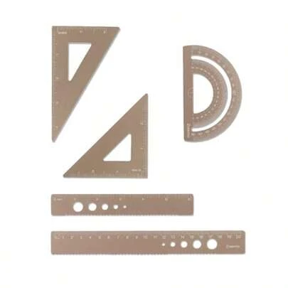 Juego de geometría metálica de 5 piezas, incluye regla de aluminio, transportador, reglas triangulares y reglas rectas - Herramientas de medición matemática para la escuela y la oficina, color dorado