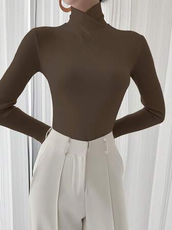 Women's Solid Color Knit Criss-Cross Collar Base Layer Top, Suitable For Office Wear In Autumn/Winter