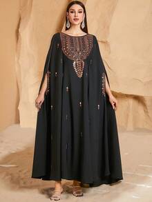 Elegant Women's Long Black Arabian Dress With Batwing Half Sleeves And Statement Metallic Embroidery Round Neck Woven Fabric
