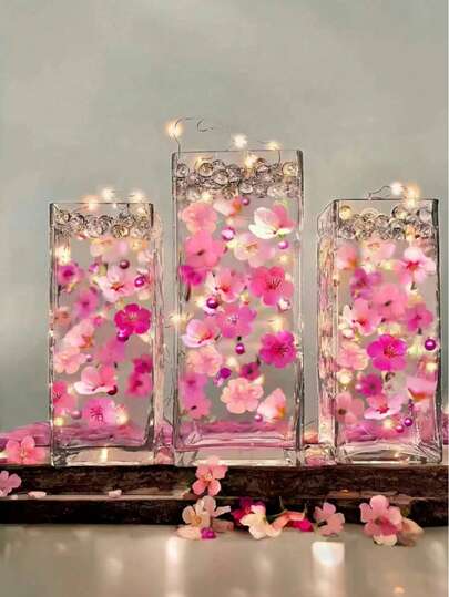 50朵人造樱花花瓶填充装饰，人造花可用于漂浮蜡烛中心装饰，粉色漂浮樱花，仿真花瓶填充物，适用于婚礼餐桌中心装饰、派对、家庭酒吧、餐厅装饰、家居装饰、房间装饰、玻璃花瓶、人造樱花花瓶填充装饰