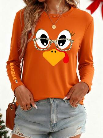 Thanksgiving Happy Turkey Graphic T-Shirt, Orange Casual Crew Neck Long Sleeve T-Shirt, New Fall Fashion 2025 For Women