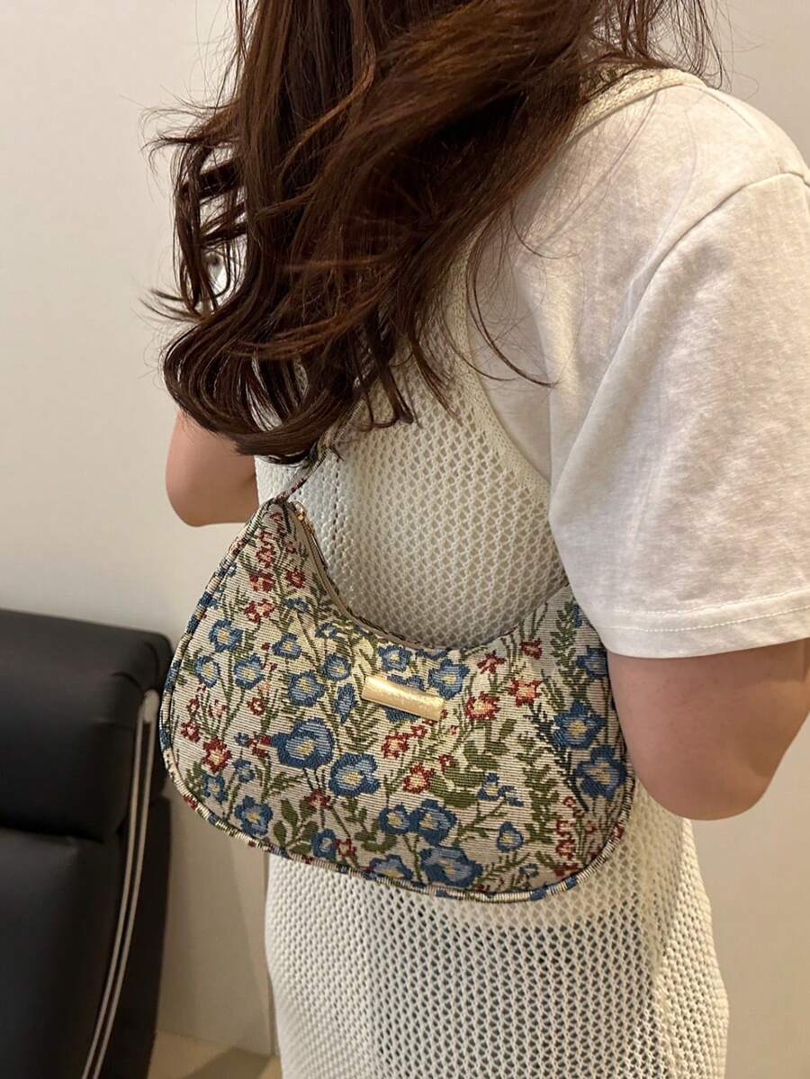 时尚百搭纯色新款印花单肩包,休闲简约法棍小方包,女士 - 藍色 - 查看 1
