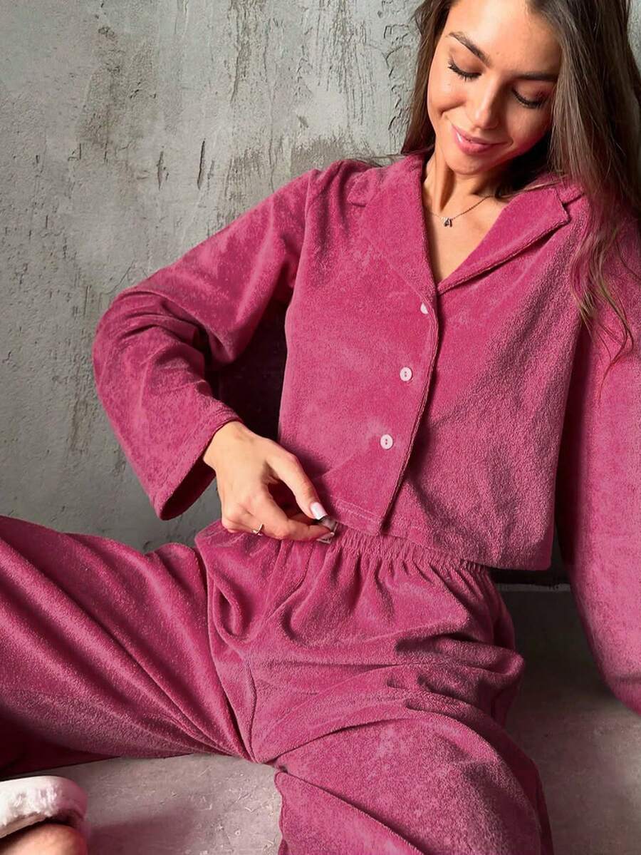 Conjunto de pijama de manga larga y pantalones de felpa rosa, nuevos pijamas de otoño e invierno, ropa de estar cómoda y esponjosa para mujer - Rosa - Ver 1