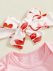 Conjunto de 4 piezas para niña pequeña con volantes, manga larga, cuello redondo, pantalones cortos en capas, diadema y calcetines para San Valentín - Rosa - Ver 6