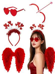 Conjunto de 4 peças de acessórios para fantasia de Dia dos Namorados: Asas de penas, arco e flecha, óculos em formato de coração, tiara; Adereços para fotos de Natal e Dia dos Namorados, Conjunto de arco e flecha do Cupido, Acessórios para fantasia de Cupido, Itens para brincadeiras de faz de conta femininas, Adequado para adultos no Dia dos Namorados, Decoração romântica, Noites especiais, Decoração de aniversário, Artigos para festa de Dia dos Namorados. - Multicolorido - Ver 1