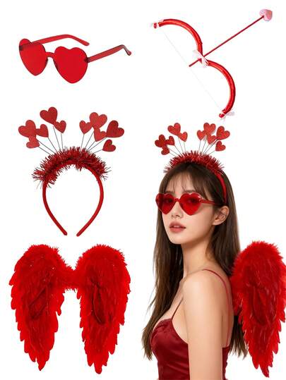 4pcs Valentine's Day Costume Accessories Set: Feather Wings, Bow & Arrow, Heart-Shaped Glasses, Headband; Christmas & Valentine's Day Photography Props, Cupid Bow & Arrow Set, Cupid Costume Accessories, Women's Role Play Items, Suitable For Valentine's Day Adults, Romantic Decor, Special Nights, Anniversary Decor, Valentine's Day Party Supplies.