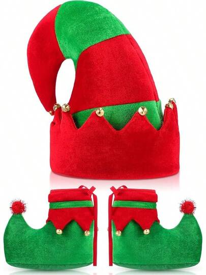 SATINIOR Christmas Santa Elf Shoes And Hat Christmas Red And Green Costume Accessory SetEssential Festive Atmosphere For Christmas