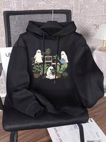 Plus-Size Women's Clothing For Autumn And Winter, Halloween "Cute Ghosts And Nature" Holiday Atmosphere Printed Retro Warm Sweatshirt, Korean Comfortable Retro Fashion Commuting Versatile Y2k Clothing Women's Clothing, With Hood And Pocket Design, Suitable For Outdoor Leisure, Black Thermal Lined Casual Women's Hooded Sweatshirt - Black - View 1