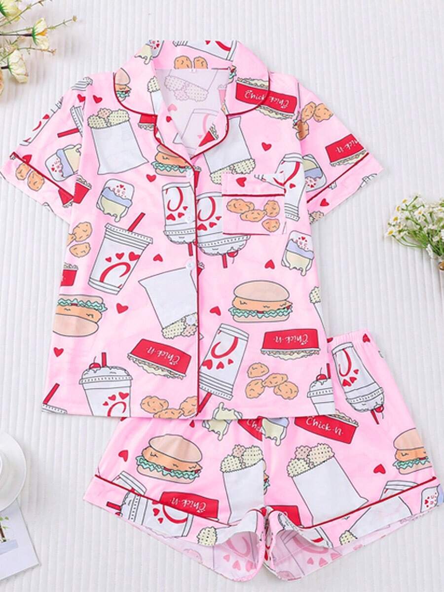 2-Piece Set - Women's Pink Burger, Cheese, And French Fry Printed Short Sleeved Shorts And Pajamas Set, With Pocket Button Design On The Top, Comfortable And Soft Skin Friendly Knitted Fabric Casual Wear, Suitable For Daily Home, Sleepwear Parties, Family, All Seasons - 粉色 - 查看 1