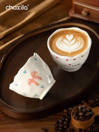 choxila 1pc 200ml Coffee Cup, Cute Cartoon Heart-Shaped Bow Hand-Held Cup, Ceramic Water Cup For Family Gatherings And Parties, Breakfast Milk Cup, Afternoon Tea Coffee Cup, Festival Souvenir, Birthday Present.