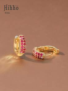 Hihho 1 Pair Classic Retro Minimalist Double Row Colorful Cubic Zirconia Micro-Inlaid Round Hoop Earrings For Women, Delicate & Fashionable, Versatile For Daily Wear - Yellow Gold - View 10