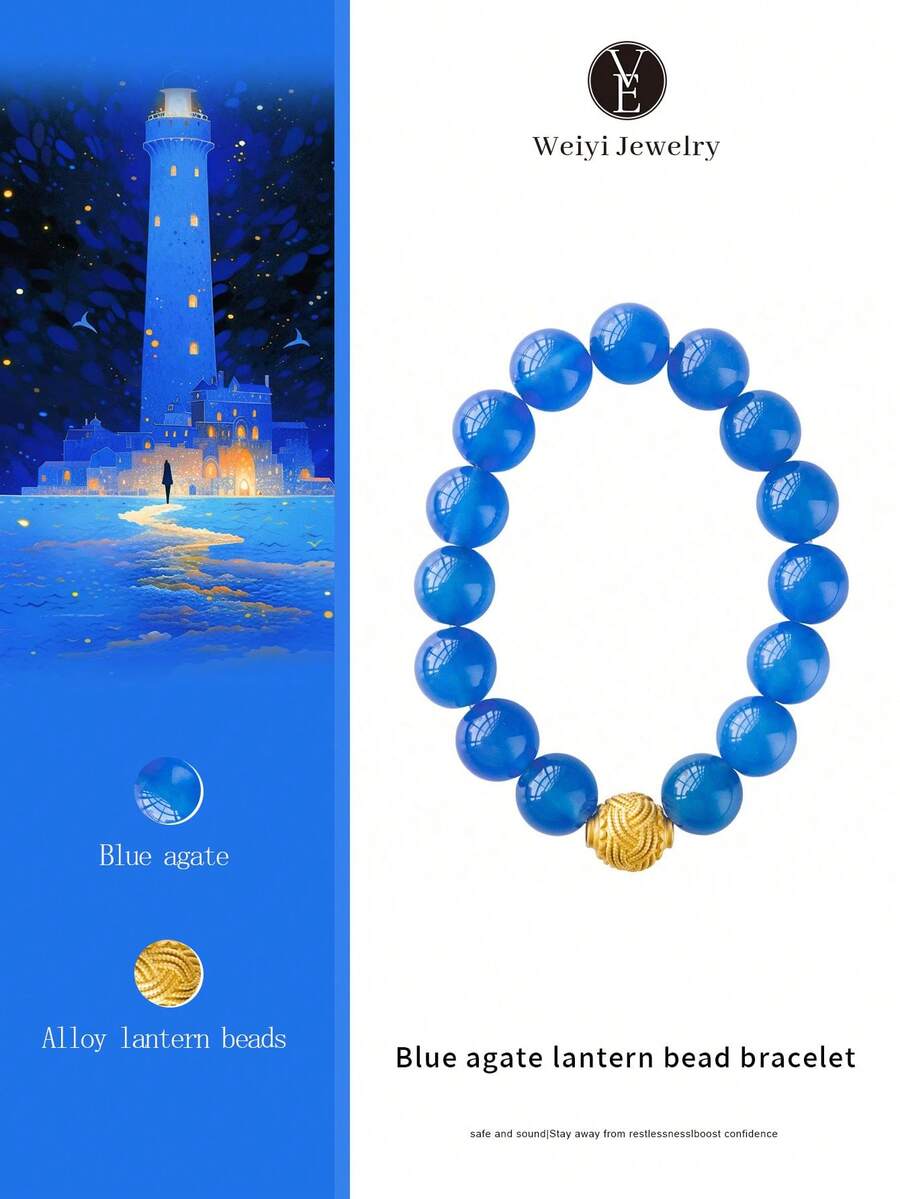 VE سوار من العقيق الأزرق عالي الجودة الطبيعي، مزين بخرز فوانيس معدنية. العقيق الأزرق يوازن الطاقة، وخرز الفوانيس يضيء الطريق، والبريق الناعم يكمل لون البشرة، مصنوع يدويًا، مجوهرات علاجية مناسبة للارتداء اليومي. قد تختلف لون الأحجار الكريمة الطبيعية. - الأزرق - مشاهدة 1