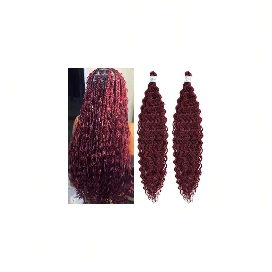 Burgundy Curly Wavy Braiding Hair Pre Stretched Boho Hair For Braiding Deep Ocean Wave Crochet Hair Water Deep Wave Boho Curls Bohemian Braids Hair Extensions 24 Inch 2 Packs,BurgundyBohoCurls2Packs - 勃根地波西米亞捲髮2件裝 - 查看 1