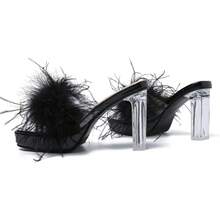 LIURUIJIA Women's Square Toe Platform Chunky Heel Slip On Sandals Feather Fuzzy Heels Mules Wedding Bridal Party Dress ShoesChristmas - 裸體 - 查看 7