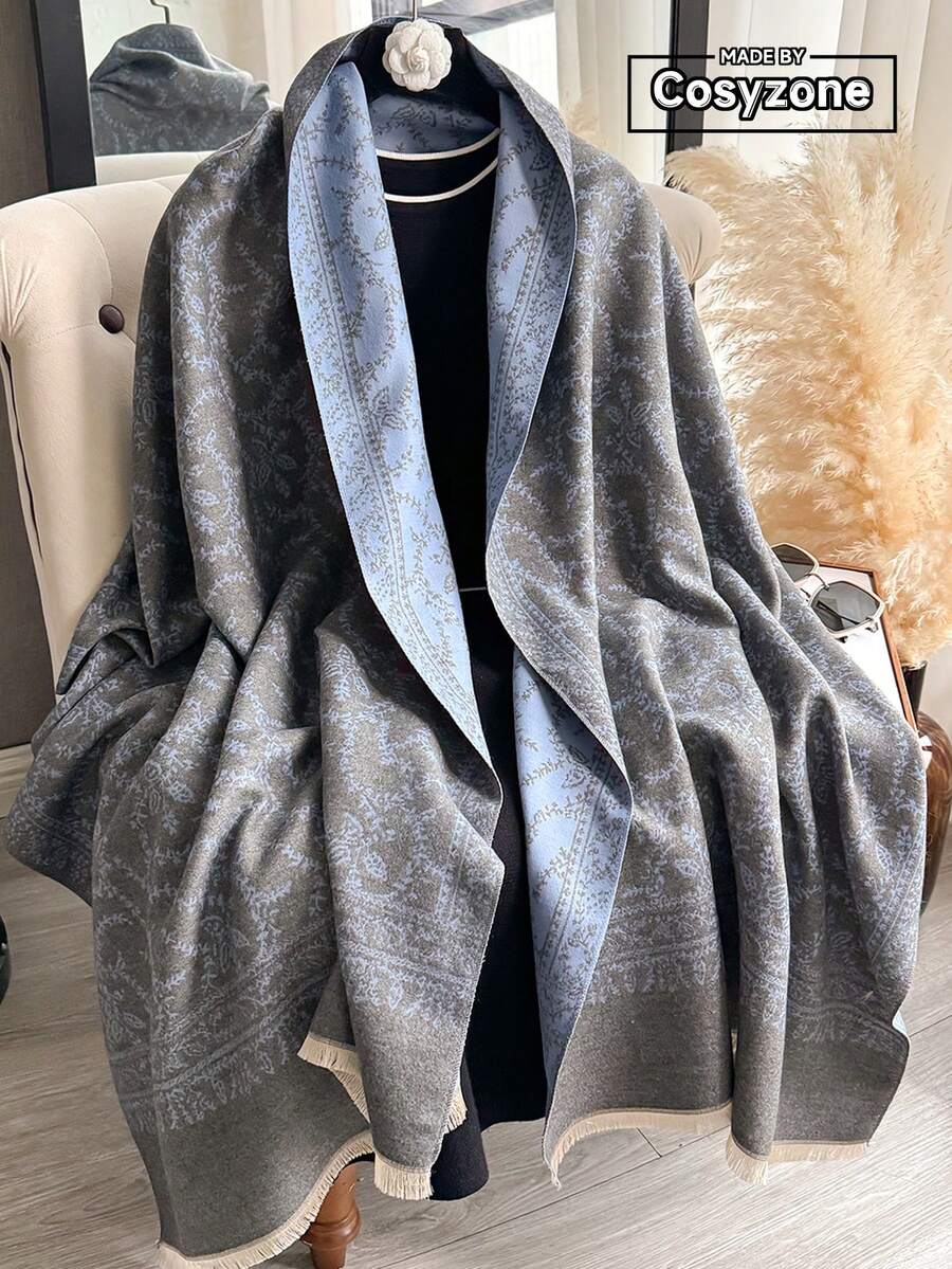 1 buc Eșarfă tricotată jacquard cu model de plante, elegantă și la modă, caldă și versatilă pentru femei, potrivită pentru camere cu aer condiționat, toamnă/iarnă - gri albastru - Vizualizare 1