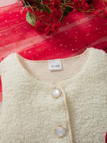 2pcs Baby Girl Casual Solid Color Bow Decor Front Button Sleeveless Top And Long Sleeve Knee-Length Dress Set, Fashion Outfit For Spring, Autumn & Winter - Burgundy - View 3
