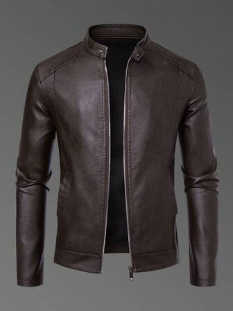 Casual Vintage Moto Rider Leather Jacket For Men, Spring & Autumn,Fleece