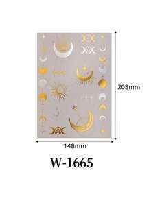 Adesivo de tatuagem temporária dourada à prova d'água; Adesivo de tatuagem temporária prateada à prova d'água; Adesivo de tatuagem temporária com estrela e lua - Ouro - Ver 7