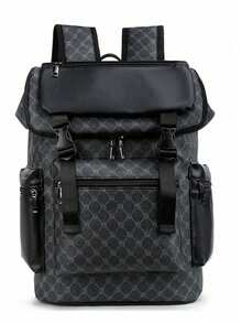 1pc Men Fashion Backpack, Casual Daypack With Printing, Large Capacity Travel Laptop Rucksack, Hiking Backpack With Zipper, PVC Black Bag, Gift For Men, Men's Accessories - màu đen - Xem 1