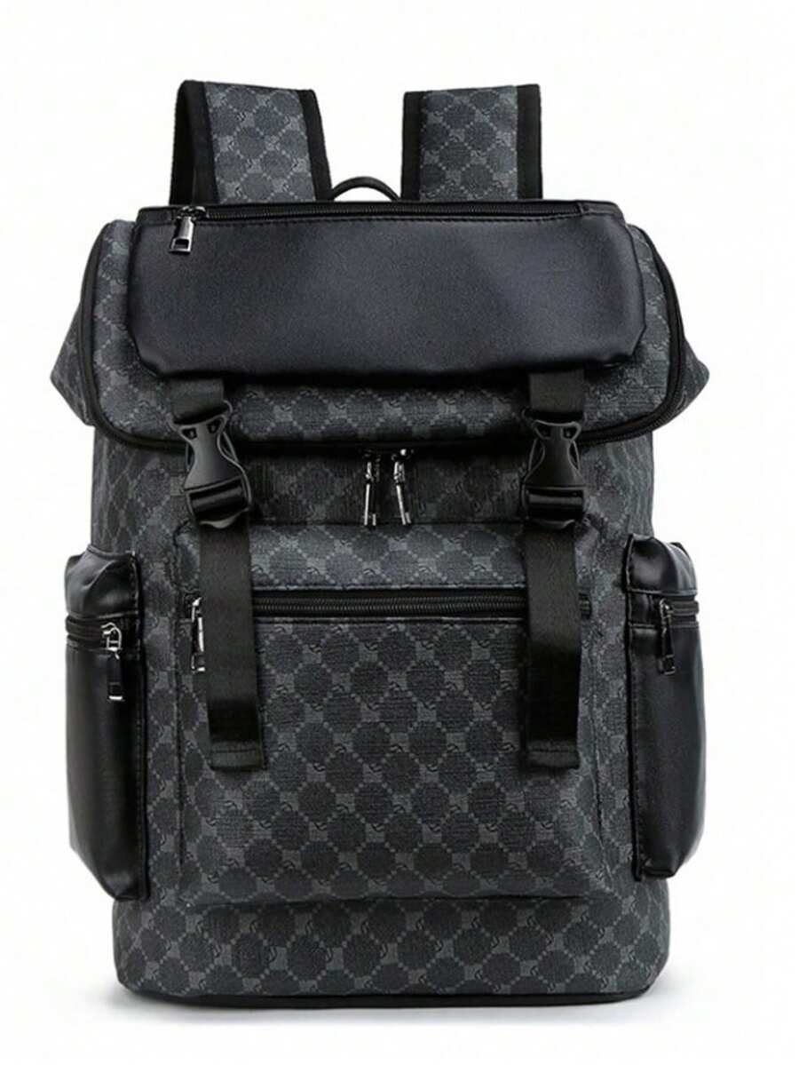 1pc Men Fashion Backpack, Casual Daypack With Printing, Large Capacity Travel Laptop Rucksack, Hiking Backpack With Zipper, PVC Black Bag, Gift For Men, Men's Accessories - màu đen - Xem 1