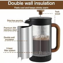 34oz French Press Coffee Maker With Real Wood Handle And Plunger Head Double Wall Insulation For Temperature Retention Dual-Filter Screen For Sediment-Free Brew Includes Replacement Filters And Detailed Instructions Ideal For Home And Office Use Black - Black - View 2