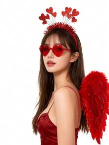 4pcs Cupid Valentine's Day Costume Set, Including Red Wings, Bow & Arrow, Headband And Glasses, Suitable For Holiday Role Play, Photo Props, Birthday Gifts, Romantic Decor, Special Nights, Anniversary Decor, Valentine's Day Party Supplies, Valentine's Day Costume Accessories, Unisex, Also Suitable For Singles Valentine's Day Party - Multicolor - View 4