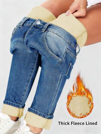 Winter Warm Thick Mid Waist Washed Elastic Skinny Jeans With Whisker Details For Office Work Daily Wear