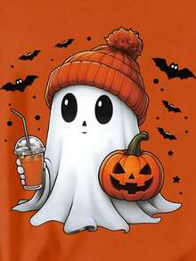 万圣节幽灵与南瓜图案 T 恤，女士休闲圆领短袖 T 恤，图案 T 恤秋季女士服装返校节圣诞前的噩梦 - 橘色 - 查看 2