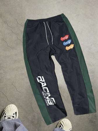 秋冬季男士休闲街头时尚舒适撞色字母印花户外运动梭织长裤