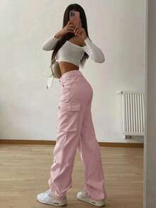Calça de Trabalho Elegante e da Moda Retrô Y2K com Bolso, Cintura Elástica, Design de Perna Larga, Casual e Fofa, Confortável e Versátil, Adequada para Looks de Aeroporto, Volta às Aulas, Dia do Professor, Festas, Halloween, Ano Novo, Ação de Graças, Concertos, Academias, Férias, Negócios, Streetwear, Etc. Adequada para Todas as Estações: Primavera, Verão, Outono e Inverno. - Rosa chiclete - Visão 4
