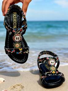 2024 Summer New Fashion Glamorous Girls' Sandals With Red Beads & Rhinestones Metal Buckle, Black Soft Bottom Open Toe Sandals, Party Outfit Essential, Viral Hot Selling Children's Sandals, Soft Bottom Comfortable Non-Abrasive Girls' Preferred Sandals - 黑色 - 查看 3