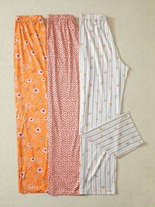 3-Pack Floral And Polka Dot Print Pajama Pants, Casual Home Pants, Soft And Comfortable, Beautiful Pajama Pants For All Seasons, Stylish Women's Pajama Pants In Multiple Colors - 彩色 - 查看 3