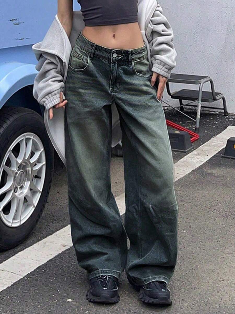 Distressed Vintage Loose Straight-Leg Boyfriend Jeans For Women - Navy Blue - View 1