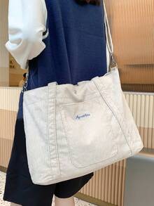 Leisure Daily Versatile Plain Striped Tote Bag, Large Capacity Fashion Shoulder Bag With Letter Embroidery Decoration, Simple Literary Style Crossbody Bag, Suitable Daily Commuting, Shopping, College Students Attending Classes And Other Occasions. - Beige - View 3