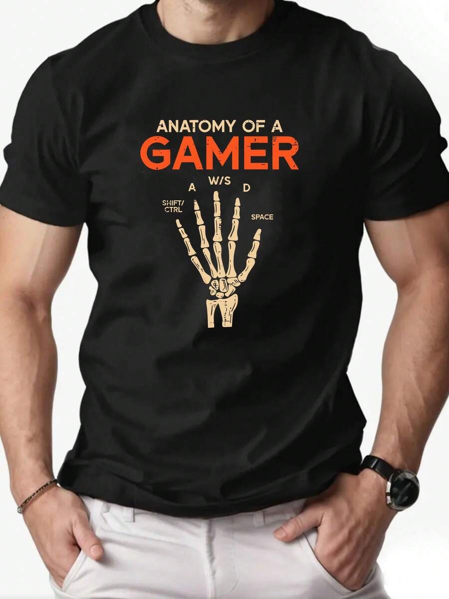Camiseta Gráfica para Hombre con Diseño de Anatomía de Jugador - Camiseta Casual Negra de Manga Corta para Verano con Diseño de Mano de Esqueleto y Controles de Juego, Cuello Redondo Ligero, Corte Regular para Jugadores Adultos, Camiseta de Gaming - Negro - Ver 1