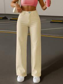 复古美式街头风女式牛仔裤，无弹力直筒牛仔裤，欧美嘻哈时尚 - 卡其色 - 查看 2