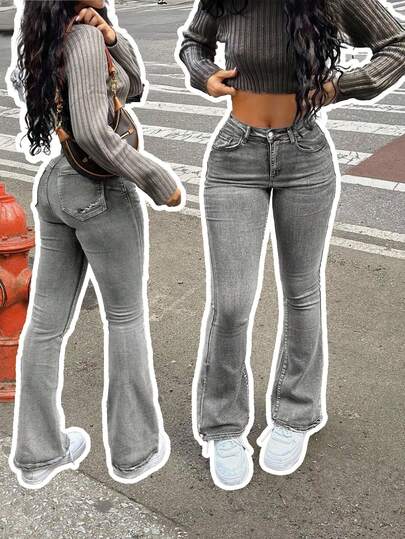 Jeans de campana con efecto desgastado de estilo casual de vacaciones de otoño para mujer