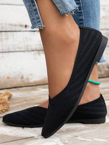 Elegante Damenschuhe mit spitzer Zehenpartie, beige gestrickte Lässig Ballerina-Schuhe, bequeme vielseitige Slip-On Schuhe, Boho-Stil Loafers, atmungsaktive Mesh Sommer Lässig Walkingschuhe, Große Größen - Schwarz - Übersicht 4