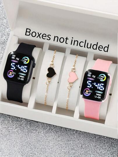4/2pcs Girls' Sports Cute And Fashionable LED Digital Display Electronic Watch, Paired With And Cute Heart-Shaped Bracelet, Suitable For Girls To Wear, Very Suitable For Daily Wear Such As Returning To School, Parties, And Travel, Suitable As A Couple's Birthday Gift, Graduation Season, Valentine's Day Gift, Is The Perfect Gift For Girls