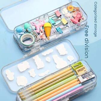 透明双层铅笔盒，大容量，简约可爱设计，高品质学生文具盒
