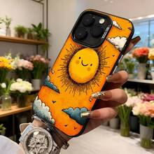 Cubierta de telefono con diseño de sol sonriente naranja y nubes para mujer estilo artístico ideal para uso diario y regalos Aplicable a los teléfonos de la serie Apple y Galaxy - Negro - Ver 6