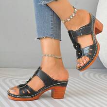 Sandalias de tacón grueso para mujer, sandalias de playa con suela de cuero PU retro con estampado floral y de rayas (combinación), primavera/verano