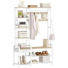 HEXCELEN Coat Rack With Shoe Bench, Wardrobe With Shoe Bench, 1 Drawer, Clothes Rack With 17 Hooks, 1 Hanging Rail, 4-Tier Side Frame, 120 X 40 X 182 Cm - Oak and White - View 8