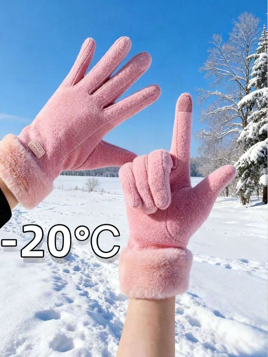 1pair Women's Fall & Winter Warm Gloves - Responsive Touchscreen Function, Thickened Cushioned Windproof, Adorable Student Style, Suitable For Riding & Daily Use - Hồng - Xem 1